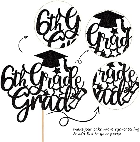 1 PCS 6th Grade Grad Cake Topper with Glitter Diploma Cap 6th Grade Graduation Cake Pick Class of 2026 Cake Decorations for 2026 Boys Girls Sixth Grade Graduation Party Supplies Black