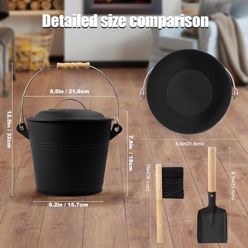 Mini Ash Bucket Kit with Lid, Shovel & Brush – 1.5Gallon Metal Fireplace Ash Can for Wood Stoves, Fire Pits & BBQ – Easy-Carry Wooden Handle, Heat-Resistant, Mess-Free Cleanup