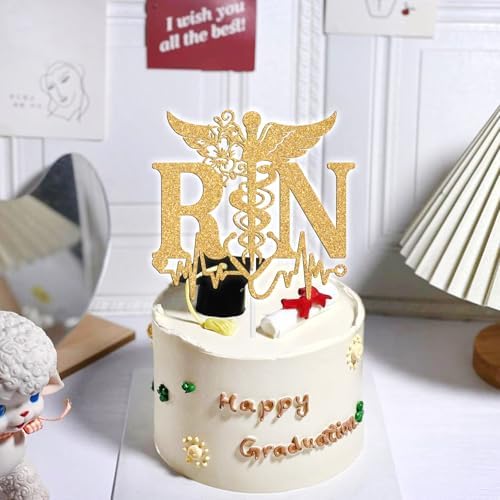 RN Cake Topper, Congrats Nurse Grad, Future RN/BSN/CNA/LPN/NP/PA, Nursing School Survivor, Medical School Graduation Party Decorations Supplies, Gold Glitter