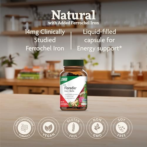 Floradix Iron + Herbs - Iron Supplement for Healthy Energy Support* - Supports Red Blood Cell Formation - Vegan, Non-GMO, Gluten-Free, Soy-Free - 60 Liquid Phyto-Caps
