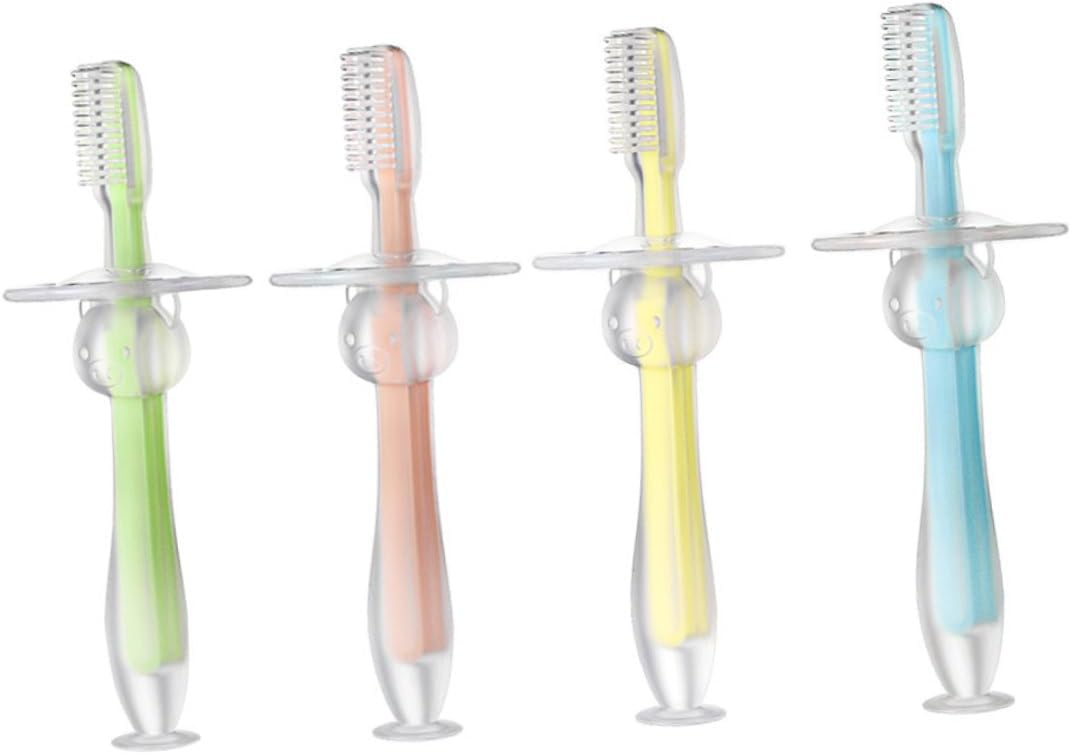 4pcs Boy Girl Toothbrush Silicone Teether Brush Soft Bristles for Toddlers Hair Brush Teething Bristles Toothbrush Training Suction Base