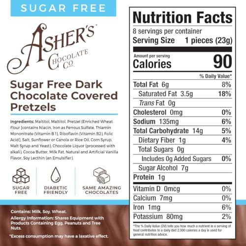 Asher's Chocolates Sugar Free Chocolate Covered Pretzel, 8 Large and Delicious Pretzels in Decorative Box, Diabetic Friendly, No Sugar Added, Gourmet Sweet and Salty Candy, Family Owned Since 1892 (Dark Chocolate)