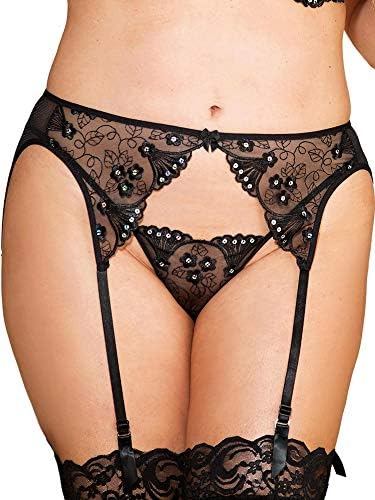 Womens Sequin Embroidered Lingerie Garterbelt Set and Stockings