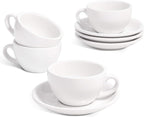 LE TAUCI 6 oz Cappuccino Cups with Saucers, Set of 4 Ceramic Coffee Cup and Saucer Set for Latte, Au Lait, Flat White, Mocha, Tea, Embossed Coffee Cups, White