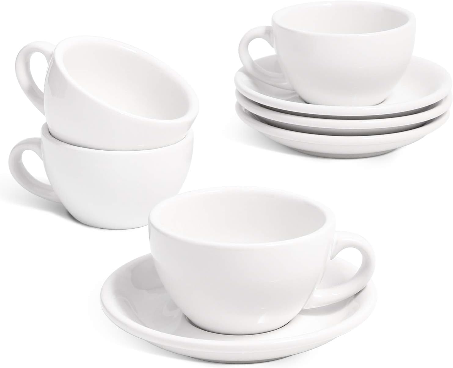 LE TAUCI 6 oz Cappuccino Cups with Saucers, Set of 4 Ceramic Coffee Cup and Saucer Set for Latte, Au Lait, Flat White, Mocha, Tea, Embossed Coffee Cups, White