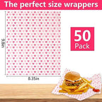 MIDELONG 50PCS Wax Paper Sheets Food Wrapping Paper Greaseproof Waterproof Dry Waxed Deli Wraps Paper Sheets Non-Stick Liners Tissue for Bread Sandwich Burger,Heart Love Style