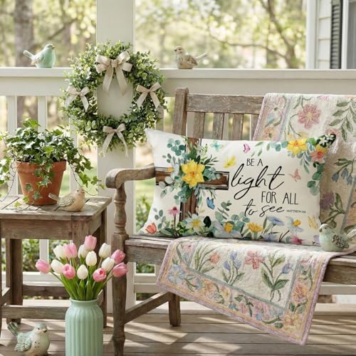 GEEORY Daffodil Eucalyptus Cross Pillow Cover 12x20 Inch - Farmhouse Spring Decor for Couch, Sofa, Bedroom Living Room