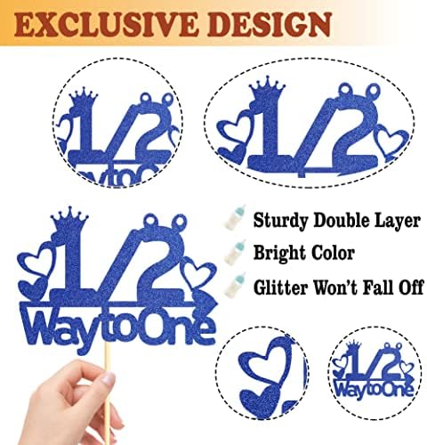 Blue Glitter 1/2 Way to One Cake Topper, 1/2 Birthday Cake Topper, Six Months Cake Topper for Boy Baby's Half Birthday Party, Baby Shower Cake Decorations