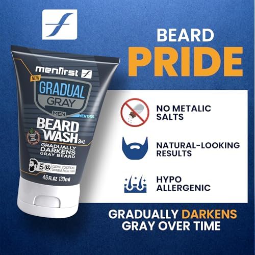 MENFIRST 3-in-1 Gradual Gray Beard Wash Shampoo for Men – Grey Reducing Beard Dye for Darker Shades – Hypoallergenic Harsh Chemical-Free Beard Cleanser for Men – 4.6 Fl Oz