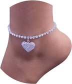 Fesciory Heart Rhinestone Ankle Bracelets for Women, Adjustable Silver Shiny Tennis Anklets, Twinkle Cubic Zircon Diamond Anklet Foot Chain Jewelry Gifts