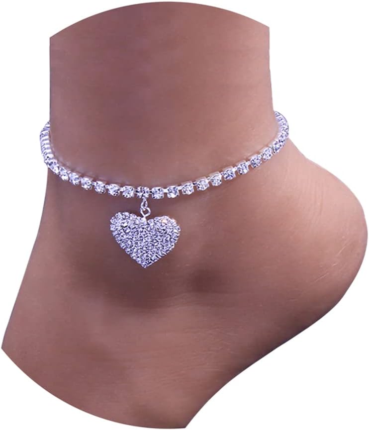 Fesciory Heart Rhinestone Ankle Bracelets for Women, Adjustable Silver Shiny Tennis Anklets, Twinkle Cubic Zircon Diamond Anklet Foot Chain Jewelry Gifts