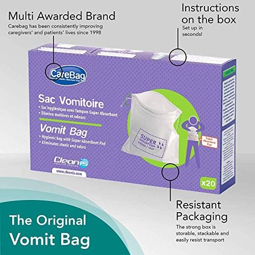 The Original Carebag Emesis Bag with Super Absorbent Pouch- Absorbs 16 oz, No More Leaks and Splashes- Single Use- Reduces Odors- Easy Disposal, 20 Vomit Bags