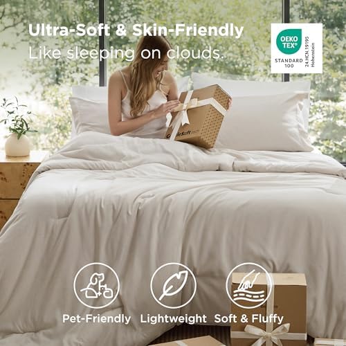 Bedsure Queen Comforter Set - Beige Soft Bedding for All Seasons, Cationic Dyed Bed Set, 3 Pieces, 1 Queen Size Comforter (90"x90") and 2 Pillow Shams (20"x26"+2")