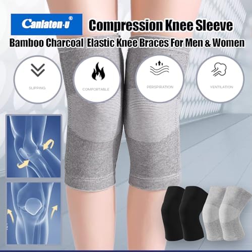 Bamboo Charcoal Compression Knee Sleeve - Elastic Knee Braces Pads Warmers Protective Knee Support for Arthritis and Runners (Gray+Black, Large)
