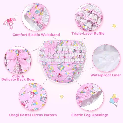 LittleForBig Silky Washable Reusable Waterproof Ruffled Lace Bow Usagi Pastel Circus Pattern Ruffle Adult Diaper Cover XL