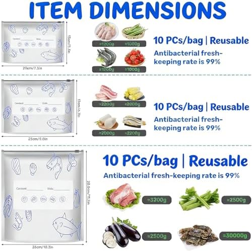 3 Size Reusable Aluminum Foil Food Storage Bags with Zipper Closure, 30 Pack Clear, Stand Up Foil Sealable Bags with Label and Zip Lock for Vegetable Fruit Meat Freezer Safe, Washable