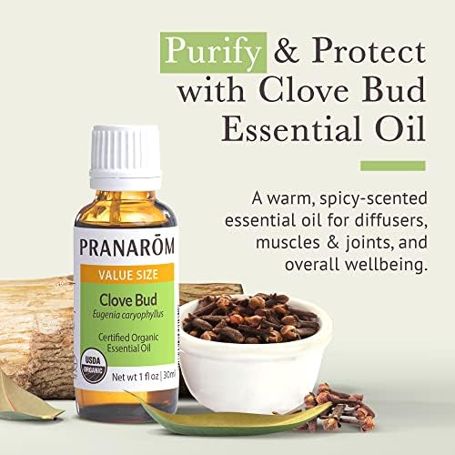 Pranarom USDA Certified Organic Clove Essential Oil (30ml), 100% Pure Undiluted Therapeutic Grade from Sri Lanka & Madagascar for Aromatherapy, Diffuser, Immune Support, DIY Cleaning, Warm Scent