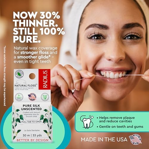 RADIUS Natural Silk Dental Floss, Now 30% Thinner for Smooth Glide in Tight Teeth, Hand-Spun Silk Infused with Coconut Oil, Plastic-Free & Sustainable Packaging, Unscented, 33 YD - Pack of 3