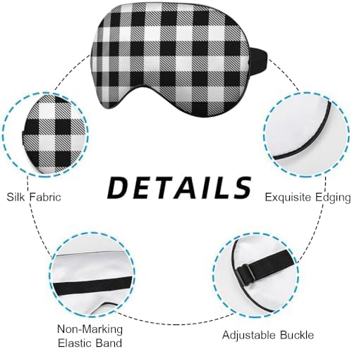 Black and White Plaid Silk Eye Mask Sleep Mask Tartan Checkerboard Squares Pattern Eye Mask with Adjustable Strap Lightweight for Women Work Travel