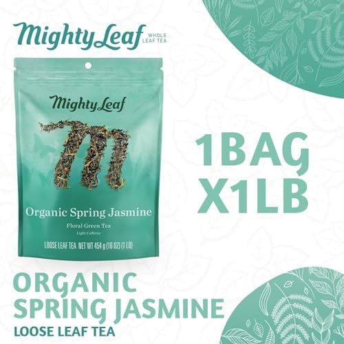 Mighty Leaf Organic Spring Jasmine Green Tea – 1 lb Bulk Loose Leaf Bag – Lightly Caffeinated Premium Whole Leaf Green Tea Naturally Scented with Jasmine Blossoms – Hot or Iced Brewing