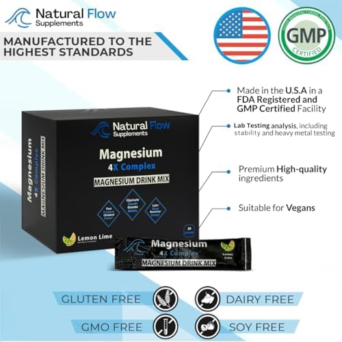Magnesium Powder Drink Mix - Lemon/Lime - Natural Flow 4X Magnesium Glycinate, Taurate, Malate, Orotate Supplement, Calm Sleep and Cramp Support Blend, No Mag Citrate or Oxide, 30 Packs (Drink Mix)