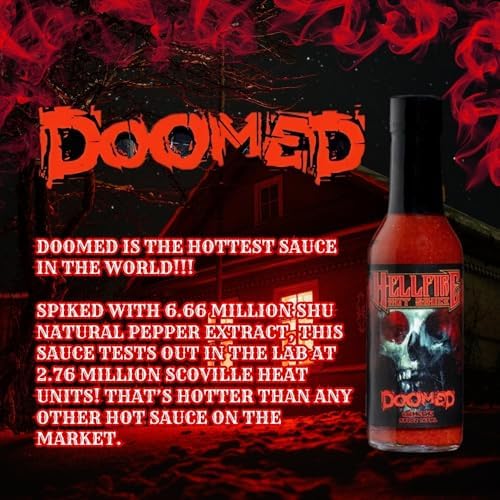 Hellfire Doomed Hot Sauce, Hottest Sauce in the World, Spiked with 6.66 Million SHU Natural Pepper Extract, Lab tested at 2.79 Million SHUs for an EXTREME HEAT Experience, 5 oz.