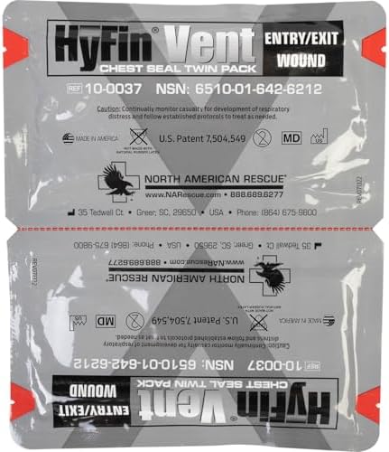 North American Rescue HyFin Vent Chest Seal (Twin Pack) NAR Vented Wound Chest Seals for Trauma, Wounds (10-0037)