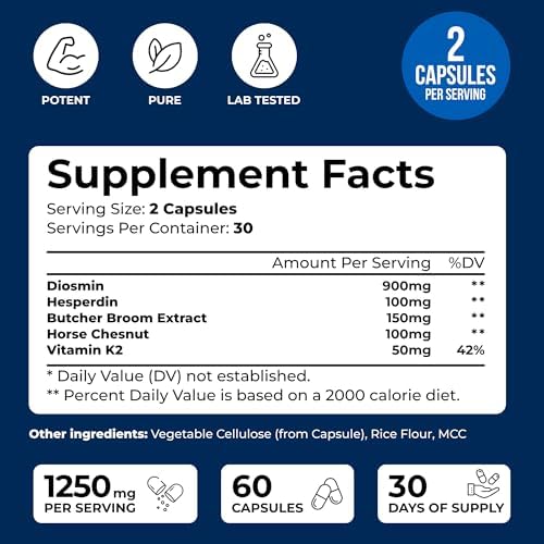 We Like Vitamins Vein Vitality 1250mg Diosmin Hesperidin Complex for Varicose Veins Treatment, Horse Chestnut, Butchers Broom, Bioflavonoids - Supports Blood Circulation for Leg Veins- 60 Capsules
