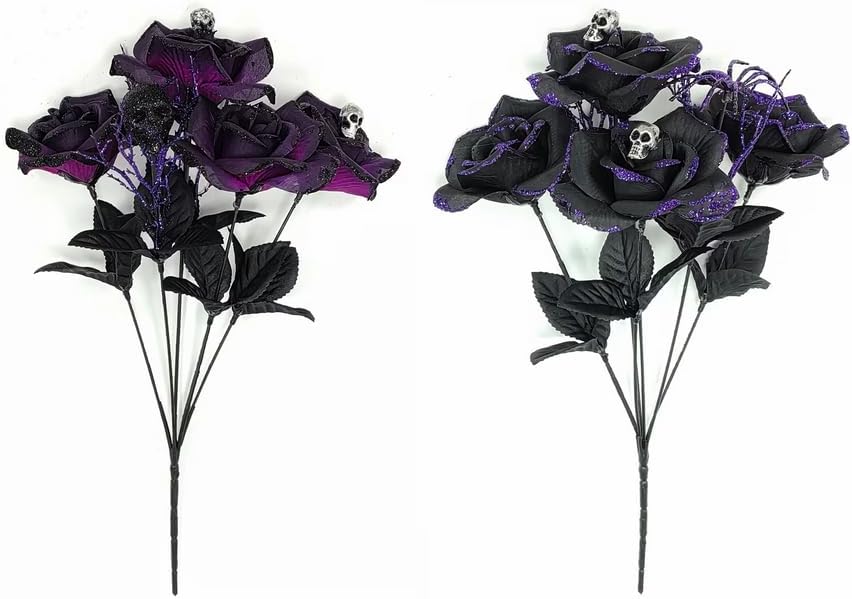 Gothic Halloween Artificial Rose Bouquet, Black Purple Flowers with Glitter Spiders, Skull Decorations, 2-Pack