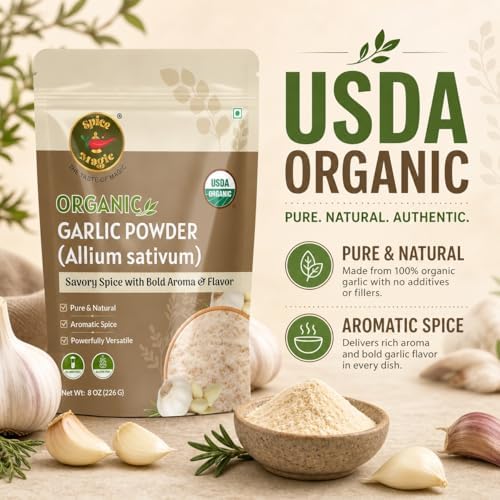 Spice Magic Organic Garlic Powder (Allium sativum),8 oz (226 g) | Finely Ground & Aromatic | Lab Tested,No ETO & Additive-Free | Premium Garlic Seasoning for Everyday Cooking & Seasoning