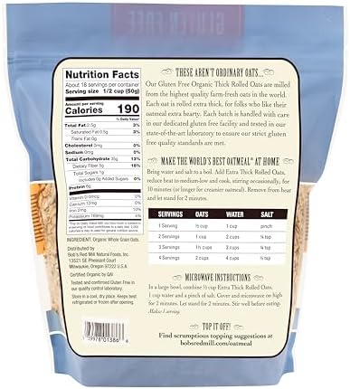 Bob's Red Mill Gluten Free Organic Extra Thick Rolled Oats, 32oz (Pack of 4) - Non GMO, Whole Grain, Vegan, Kosher