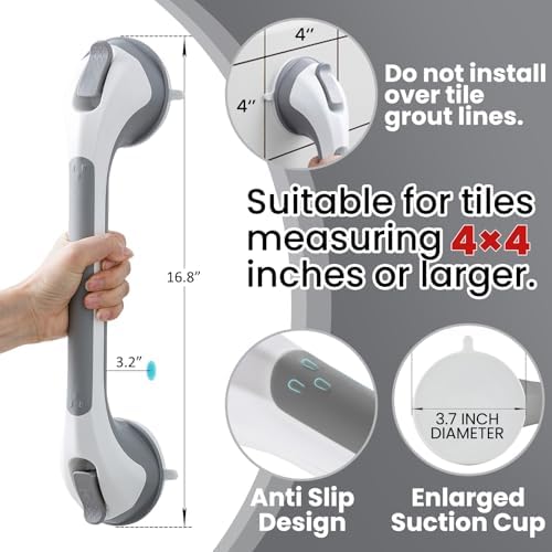 TAILI Shower Grab Bar 16 Inch Suction Cup Grab Bars for Bathroom, Removable Shower Safety Handle Heavy Duty Bathtub Grip for Seniors & Elderly, Strong Handrails No Drilling Waterproof, Grey