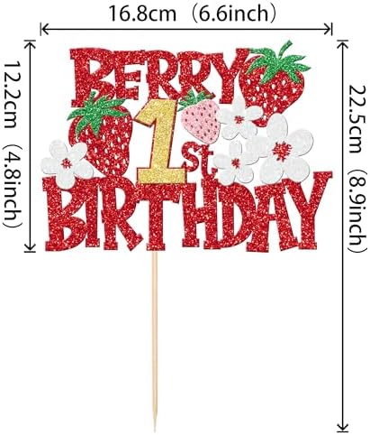 1 PCS Berry 1st Birthday Cake Topper - Red Glitter Flower Fruit Sweet One Strawberry Cake Pick - First Birthday Cake Decoration for Baby Shower Party Decorations Supplies
