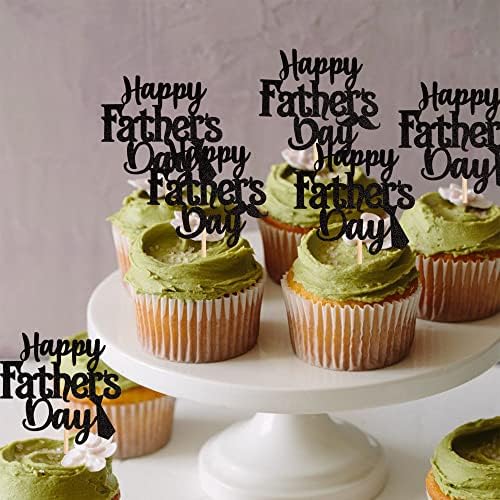 24 PCS Happy Father's Day Cupcake Toppers with Glitter Moustache Tie Super Best Dad Cupcake Picks for Happy Father's Day Theme Men Birthday Party Cake Decorations Supplies Black