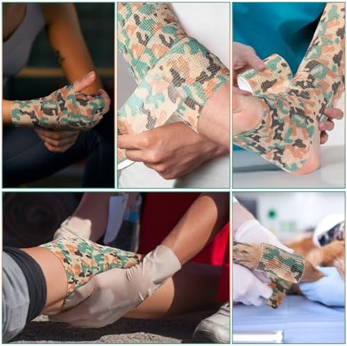 Treela 48 Pack Self Adhesive Wrap Bandage Bulk, 2 Inches X 5 Yards Self Adherent Cohesive Bandage Elastic Athletic Tape Breathable Wound Tape for Stretch Athletic Sports Wrist Ankle(Green Camo)