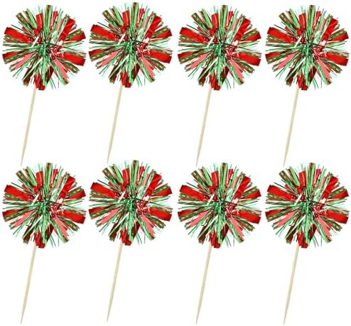 Ephlyn 30Pcs Foil Firework Cupcake Toppers Sparkle Tinsel Drink Birthday Cake Decorations Cocktail Food Fruit Toothpick for New Years Wedding Birthday Party Decorations Red Green