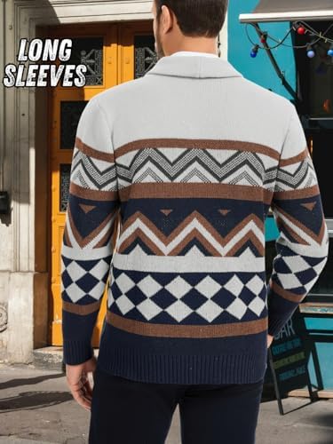 EHSUYAB Mens Cardigan Sweater, Shawl Collar Long Sleeve Button Down Color Block Graphic Print, Fall Winter Casual Outfits