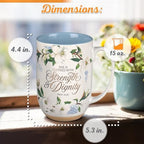 Christian Art Gifts Large Ceramic Clay Base Inspirational Coffee & Tea Scripture Mug for Women: Strength & Dignity Encouraging Bible Verse, Wide Handle Novelty Cup, White & Light Blue Floral, 15 oz.