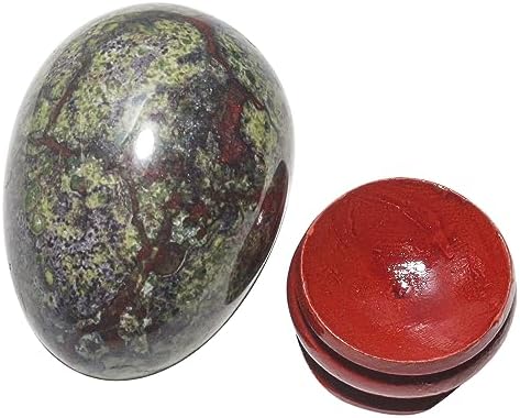 2" Natural Dragon Bloodstone Egg with Wood Stand for Home Decoration, Polished Crystal Pocket Palm Sphere Fengshui Figurines Healing Reiki