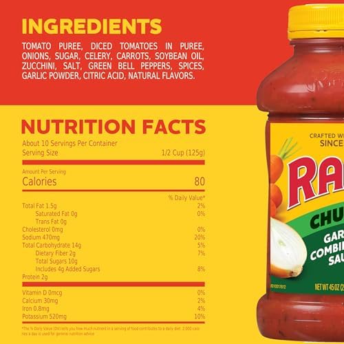 Ragu Chunky Garden Combination Pasta Sauce with Diced Tomatoes, Onions, Celery, Carrots, Zucchini, Green Bell Peppers, and Italian Herbs and Spices, 45 OZ