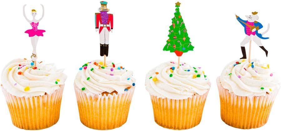 Top Cake Christmas Cupcake Toppers, 24 Nutcracker Holiday Cupcake Toppers - Assorted, Includes Christmas Tree, Ballerina, Nutcracker, And Rat King, Paper Xmas Cupcake Toppers - Restaurantware