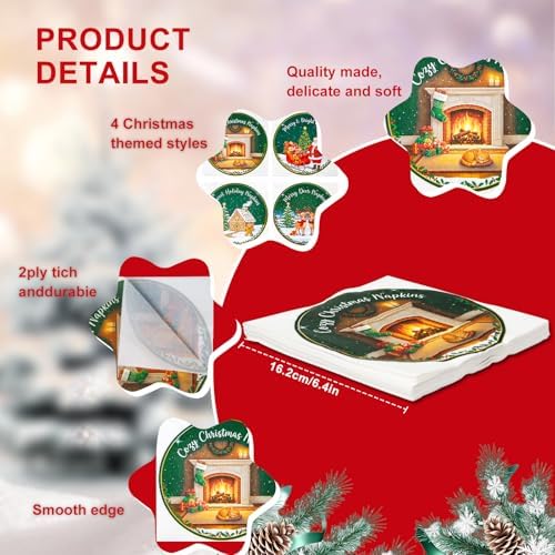 100 Pcs Christmas Cocktail Napkins Disposable 2 Ply – 4 Designs disposable Xmas Cocktail Napkin Dinnerware Set for Xmas Party Decorations