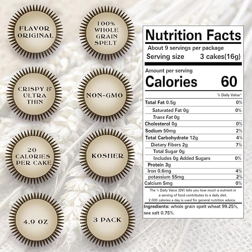 Ultra Thin Whole Grain Spelt Squares Salted - Fat Free, Non GMO - Low Calorie Snacks - All Natural - 3 Pk