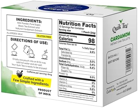 QuikTea Cardamom Instant Chai Tea Latte - 10 Count Single Box - Superfood Antioxidant, Digestion Tea