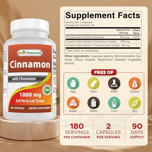 Best Naturals Cinnamon 2000 mg Equivalent with Chromium 400 mcg per Serving - Metabolism Support - 180 Capsules