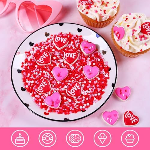 16 Count Edible Heart Cake Decorations, Pink and Red Icing Decorations, Edible Sugar Sprinkles for Valentines Cakes Toppers, Cookies, Cupcakes Toppers