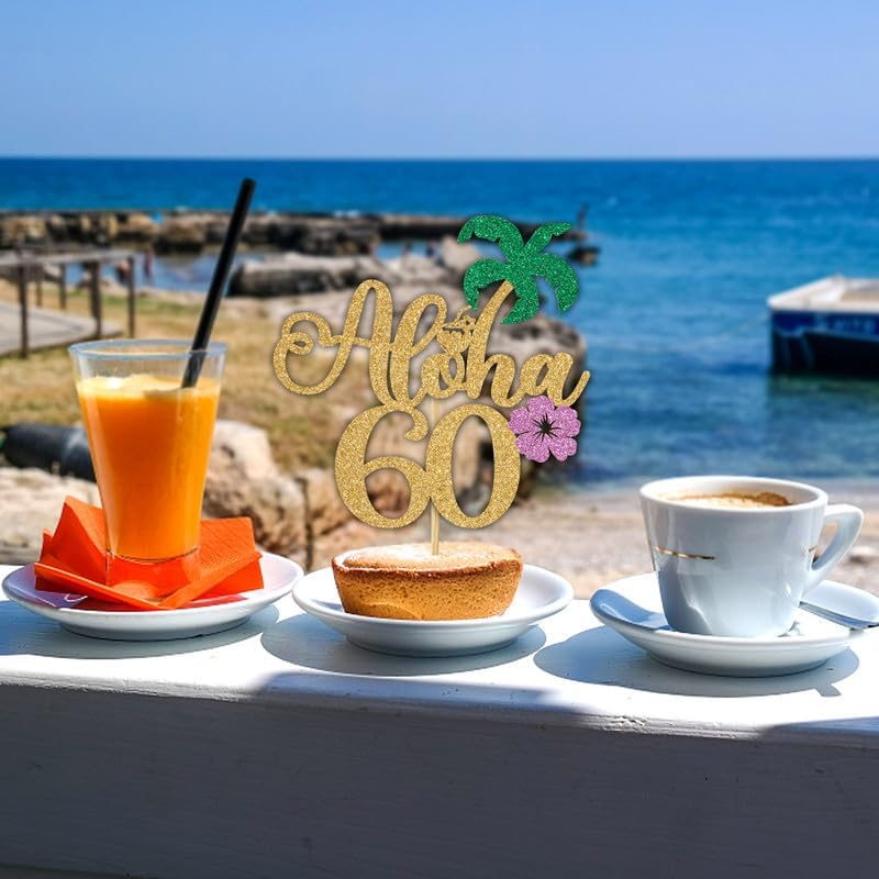 Gold Glitter Aloha 60 Cake Topper, Hello 60/Cheers to 60 Years/Happy 60th Birthday/Anniversay, Tropical Hawaiian Themed 60th Anniversary/Birthday Party Decorations