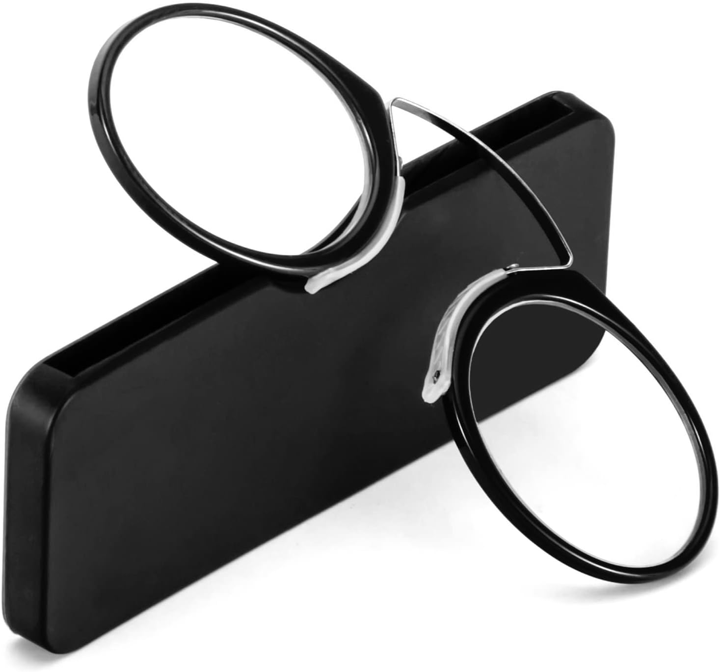 REAVEE Ultra Thin Armless Reading Glasses for Men Women, No Temple Pinch Nose Clip on Readers Small Pocket with Mini Portable Case, Black +1.0