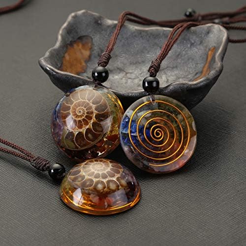 Jovivi 7 Chakra Gemstone Reki Healing Crystal Necklace Round Circle Shape Ammonite Fossil Resin Chip Stones Pendant Necklace for Women Men Life Tree Jewelry Christmas Gifts