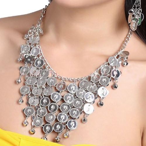 Belly Dancing Gypsy Jewelry - Silver Coin Necklace and earrings, 3pc Set